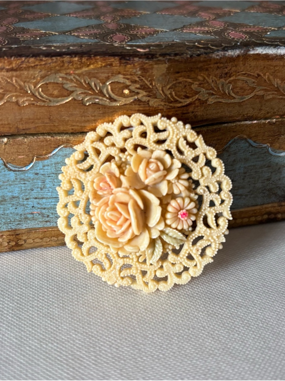 Vintage 1940s Celluloid Rose & Flowers Occupied Japan Brooch